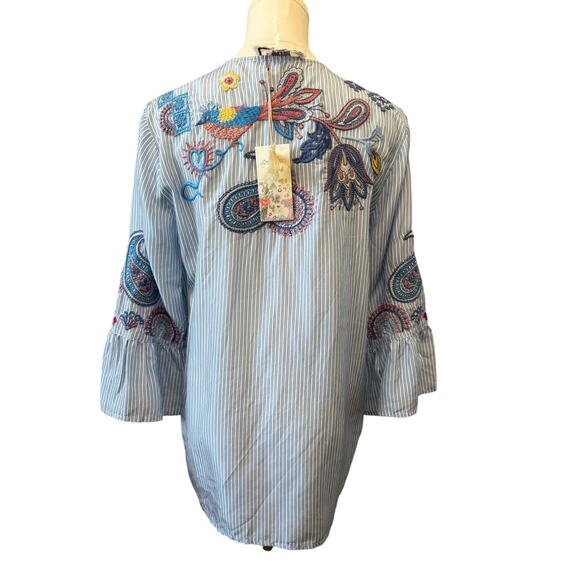 JOHNNY WAS Barine Stripe 100% Silk Nielly Ruffle Sleeve Blouse Size XS Oversize - Picture 7 of 9